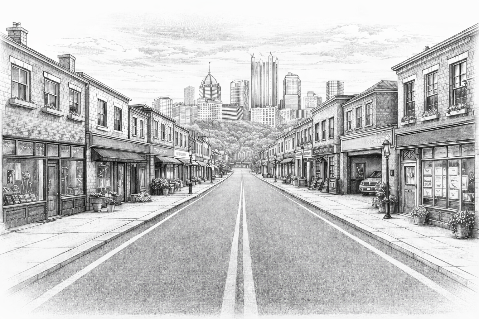 Black and white Pittsburgh neighborhood streetscape